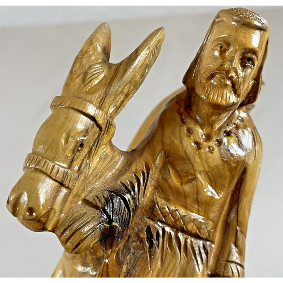 Hand Carved Vtg 1992 Olive Wood Holy Family Baby Jesus Mary Joseph Donkey SIGNED - Picture 8 of 11